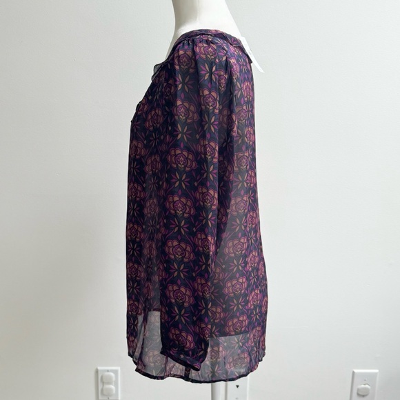 LOFT | Purple/Multicolor Floral Ruffle Collar Long Sleeve Semi-Sheer Blouse NWT - Picture 6 of 12